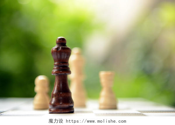 国际象棋棋盘与棋子在虚化 的背景上领导力提升